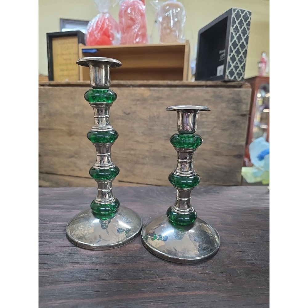 Pair of VTG Mercury Glass Candlesticks with Green Glass Accents - Glows Blue - Picture 2 of 5